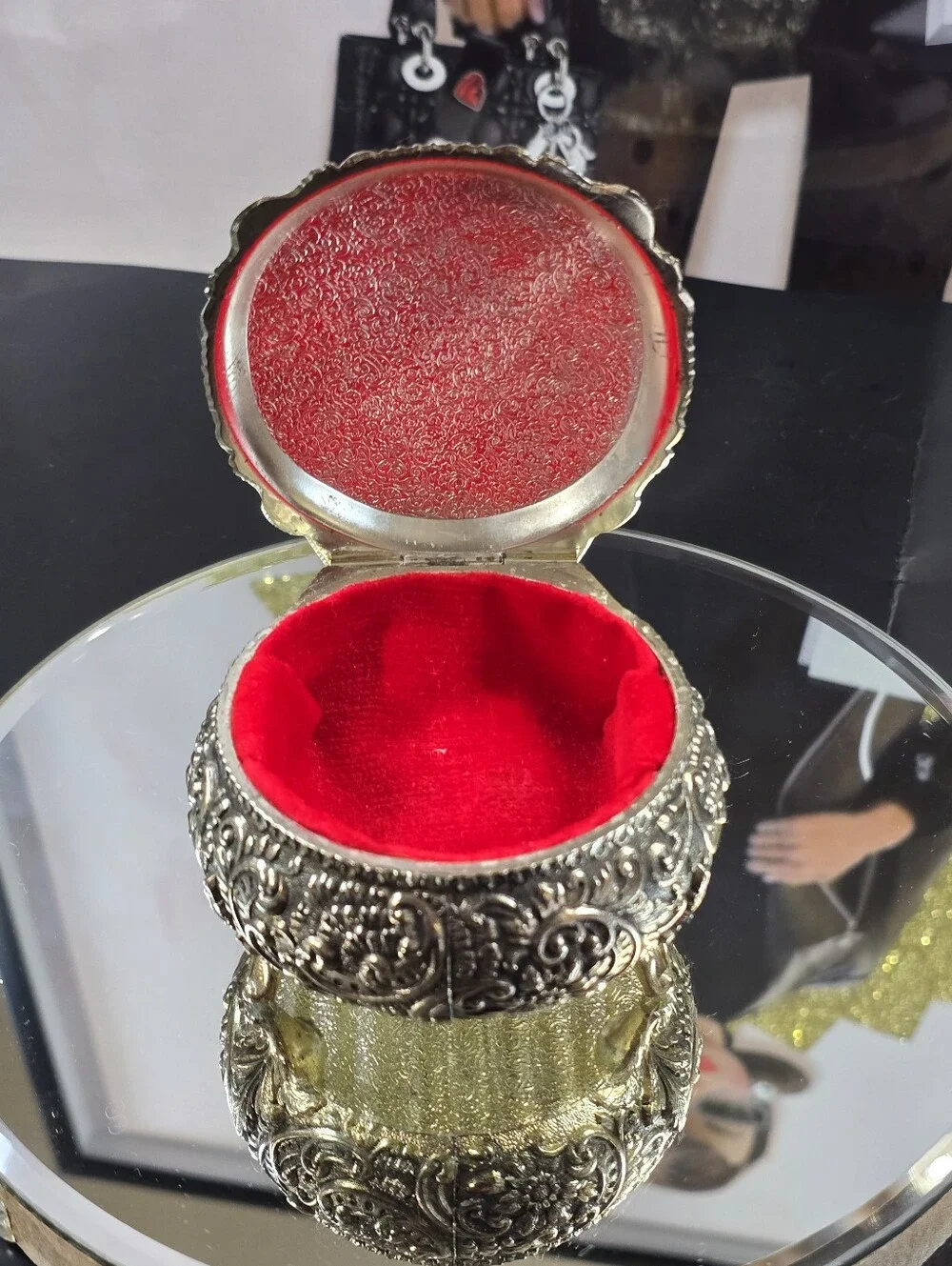 Vintage Bijoux Silver Tone Floral Round Porcelain & Metal Trinket Box
